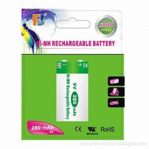 9V NiMH Rechargeable Battery with 280mAh Nominal Capacity, Used on Instruments, Microphones